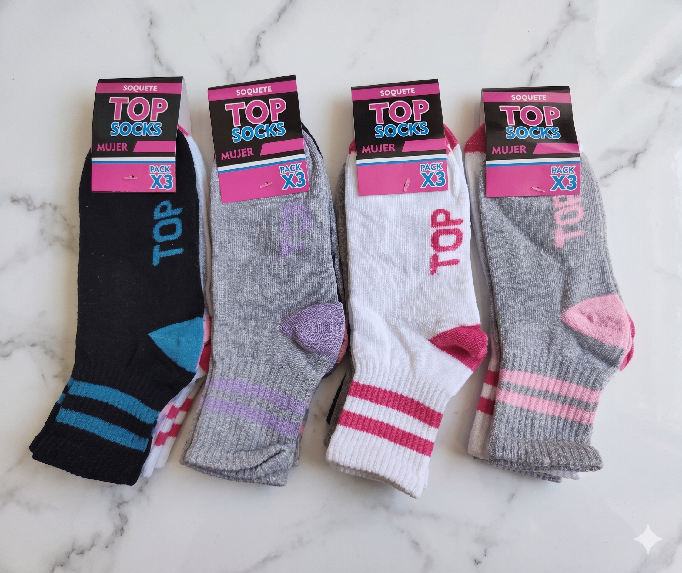 PACK X12 MEDIA 3/4 DOBLE RAYA TOP SOCKS DAMA
