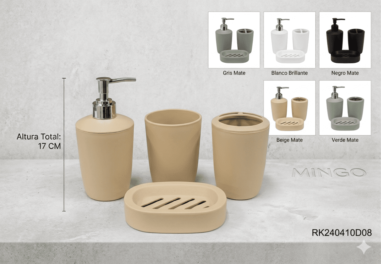 SET ACC BAÑO PLASTICO 4 PIEZAS EN CAJA 5 COL SURT