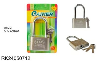 CANDADO PLATEADO 60 MM ARO LARGO EN BLISTER
